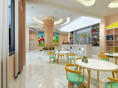 Kindergarten Indoor Space With Bright Lighting Colorful Tables Chairs Decorative Paintings And Bookshelves 3d model