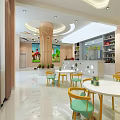 Kindergarten Indoor Space With Bright Lighting Colorful Tables Chairs Decorative Paintings And Bookshelves