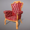 Classic Red Leather Armchair With Wooden Carved Frame Tufted Backrest And Armrests