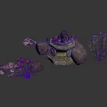 Artistic Carved Stone Sculpture With Mossy Base Stones And Decorative Plants