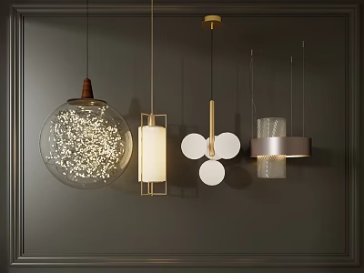 Modern Pendant Lights With Different Shapes Glass And Metal Hanging On Dark Wall 3d model