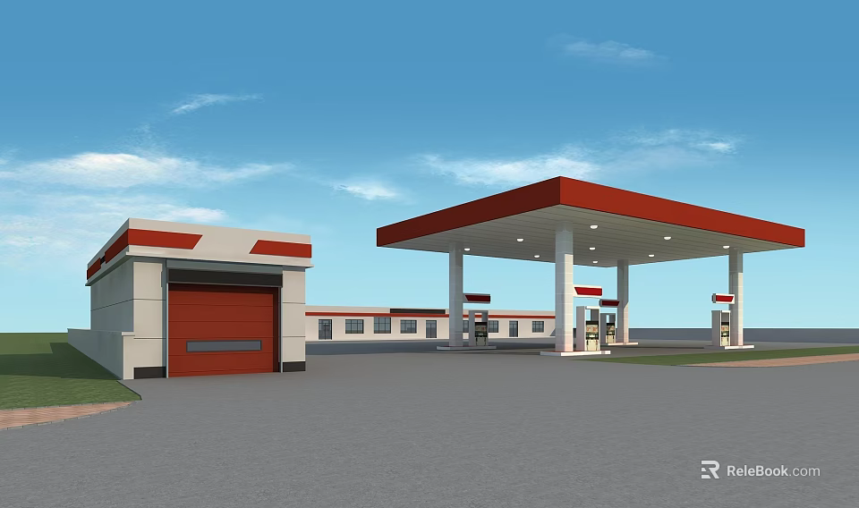 Gas Station Exterior Featuring Red Roof Canopy Fuel Pumps Building And Parking Area 3d model 