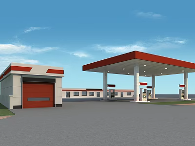 Gas Station Exterior Featuring Red Roof Canopy Fuel Pumps Building And Parking Area 3d model
