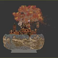 Traditional Architectural Structure In Bonsai Style With Red Orange Trees Round Base And Falling Leaves