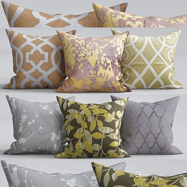 Assorted Decorative Throw Pillows With Geometric Leaf And Floral Patterns For Home Interior 3d model