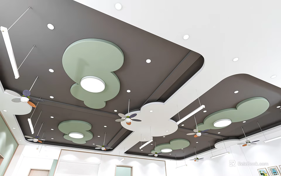 Creative Cloud Shaped Ceiling Design with Green White Patterns Round Lights and Suspended Fans 3d model