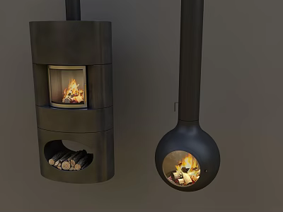 Black Fireplaces in Different Shapes with Columnar and Spherical Designs Burning Flames and Firewood 3d model