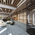 Modern Office Corridor Interior With Wooden Walls Glass Partitions And Ceiling Lights