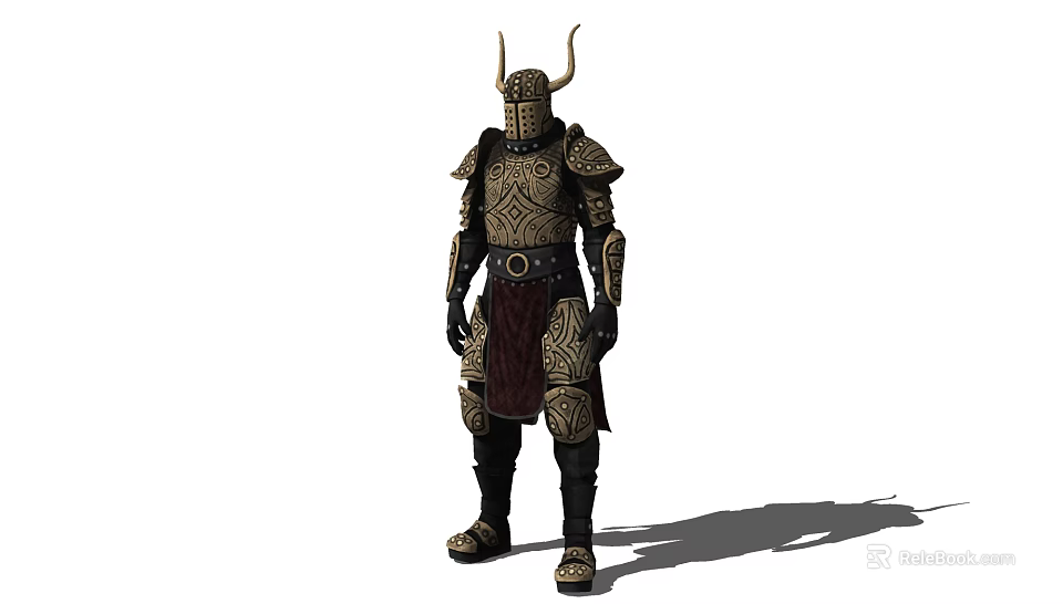 Game Movie Character in Medieval Fantasy Horned Helmet and Ornate Gold Black Armor 3d model 