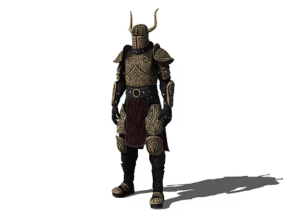 Game Movie Character in Medieval Fantasy Horned Helmet and Ornate Gold Black Armor 3d model