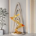 Golden Flowing Sculpture with Arched Base in Modern Interior featuring Potted Plant and Warm Lighting