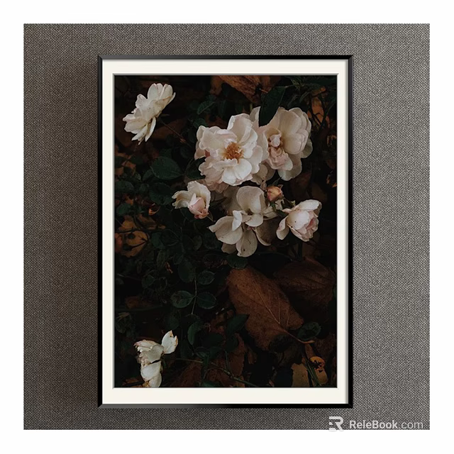 Botanical Painting Featuring White Roses Green Leaves And Brown Petals In Black Framed Wall Art 3d model 