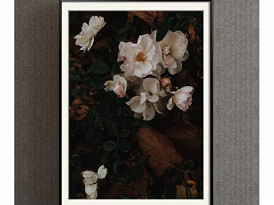 Botanical Painting Featuring White Roses Green Leaves And Brown Petals In Black Framed Wall Art 3d model