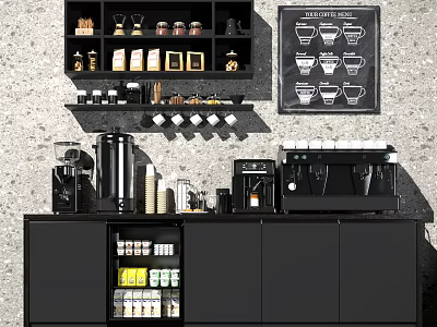 Modern Black Bar Counter With Coffee Machines Coffee Cups Beans Drinks Shelves And Wall Poster 3d model