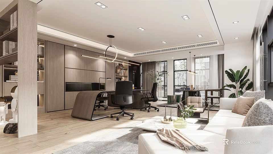 Modern Office Interior With Desk Ergonomic Chair Sofa Green Plants Large Windows And Pendant Light 3d model 