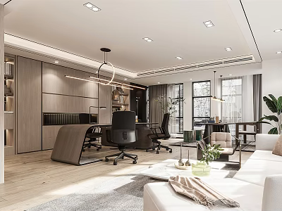 Modern Office Interior With Desk Ergonomic Chair Sofa Green Plants Large Windows And Pendant Light 3d model