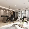Modern Office Interior With Desk Ergonomic Chair Sofa Green Plants Large Windows And Pendant Light