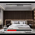 Modern Bedroom Interior Design Featuring Wooden Accent Wall Soft Lighting Gray Bedding And Nightstands
