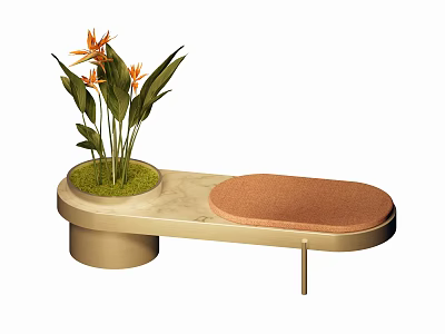 Modern Shoe Bench With Beige Marble Top Brown Cushion And Green Plant 3d model