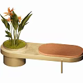 Modern Shoe Bench With Beige Marble Top Brown Cushion And Green Plant