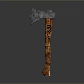 Traditional Axe With Metal Blade And Wooden Handle Featuring Intricate Carvings