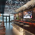 Stylish Bar Interior Design With Modern Counter High Stools Hanging Lights And TV Screen
