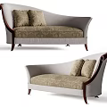 Classical Style Chaise Lounge with Beige Brown Patterned Fabric Wooden Armrests and Cushions