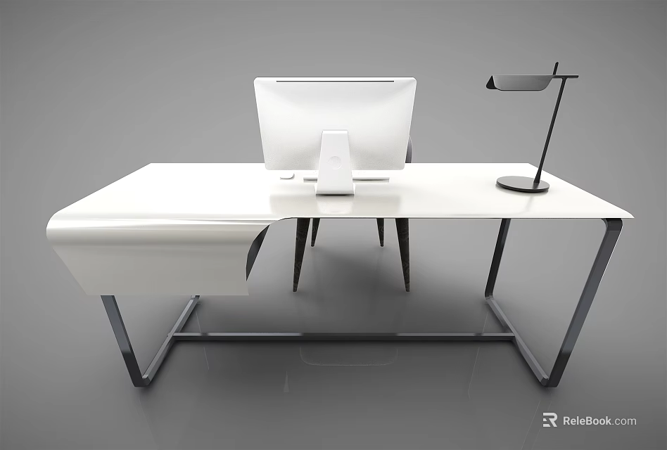 Modern White Desk With Computer Monitor Black Desk Lamp And Metal Frame 3d model 