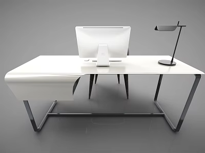 Modern White Desk With Computer Monitor Black Desk Lamp And Metal Frame 3d model