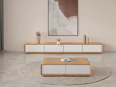 Modern Minimalist TV Stand With Wooden And White Cabinets And Coffee Table In Living Room 3d model
