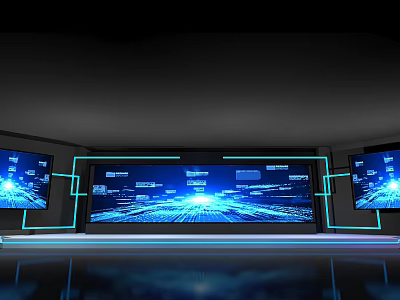 High Tech Digital Display Wall With Multiple Screens Showing Blue Interface And Light Effects 3d model