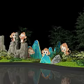Scenic Check-in Photo Spot With Cute Monkeys Rock Formations Trees Grass And Pond