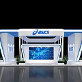 ASICS Blue And White Exhibition Booth With Illuminated Strips Reception Desk Displays Green Plants