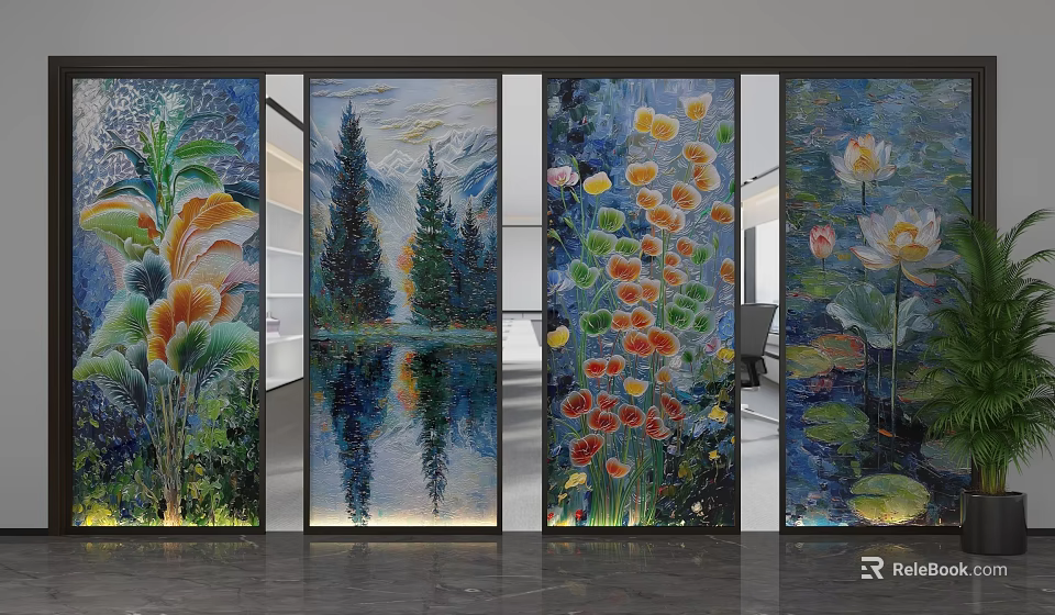 Decorative Glass Partition With Colorful Floral Landscape Art For Interior Design 3d model 