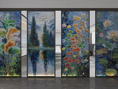 Decorative Glass Partition With Colorful Floral Landscape Art For Interior Design 3d model