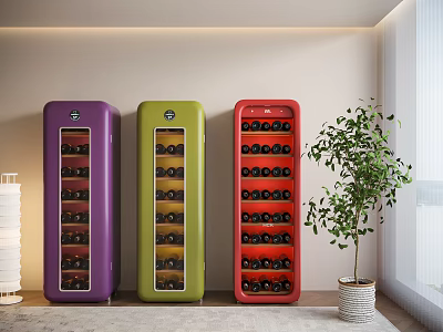 Three Colorful Wine Cabinets Purple Green Red Storing Bottles In Indoor Home Setting With Plant 3d model