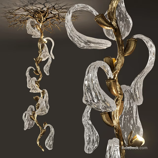 Elegant Modern Chandelier With Clear Glass Curves And Gold Metal Accents For Interior Decor 3d model 