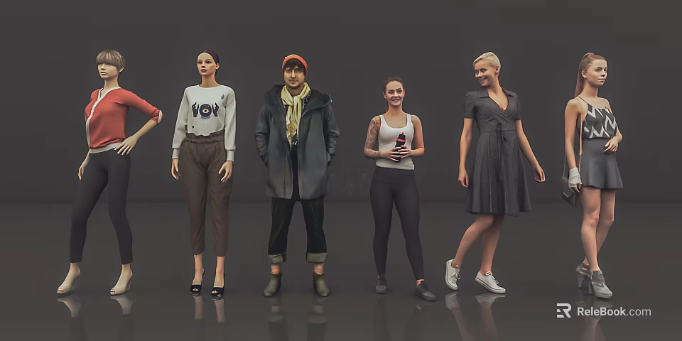 Group of Diverse People Standing in Different Stylish Outfits and Poses 3d model 