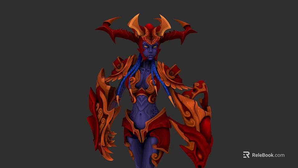 Fantasy Game Character With Blue Skin Horned Headdress And Red Gold Ornate Armor 3d model 