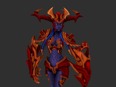 Fantasy Game Character With Blue Skin Horned Headdress And Red Gold Ornate Armor 3d model