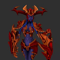 Fantasy Game Character With Blue Skin Horned Headdress And Red Gold Ornate Armor