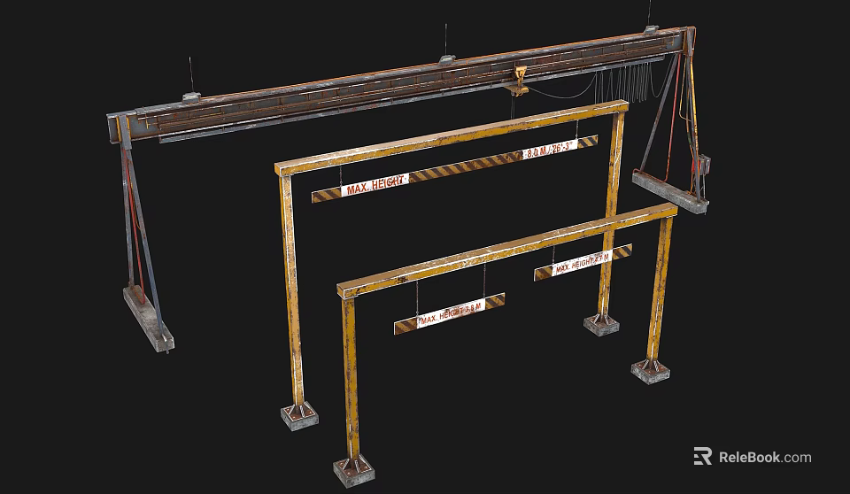 Industrial Gantry Crane Equipment With Metal Frame And Safety Warning Signs 3d model 