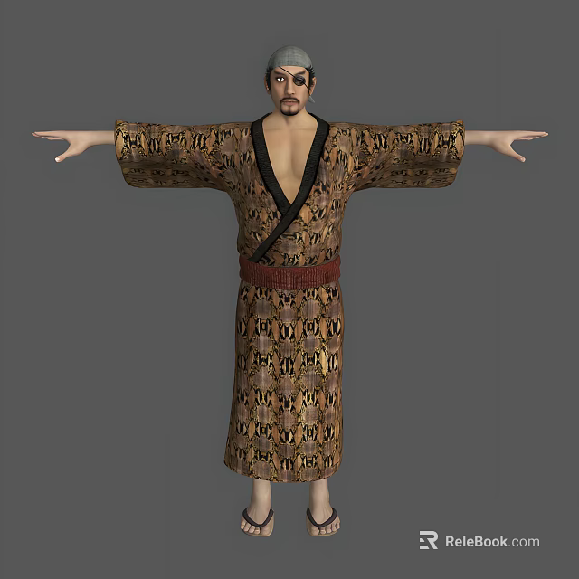 Man Wearing Traditional Robe With Decorative Patterns Standing With Arms Outstretched Against Gray Background 3d model 