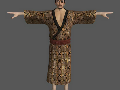 Man Wearing Traditional Robe With Decorative Patterns Standing With Arms Outstretched Against Gray Background 3d model