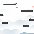 Chinese Style Background Wall With Traditional Roofs Wavy Lines Flying Birds And Red Sun