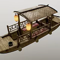 Traditional Wooden Boat With Bamboo Roof Hanging Lanterns And Red Cushioned Seats
