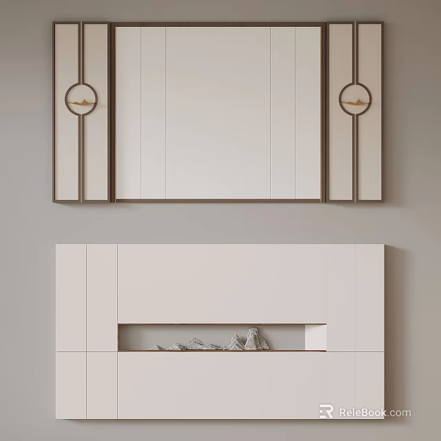 Modern Interior With Wall Mounted Decorative Mirror And White TV Cabinet 3d model