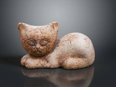 Ceramic Cat Figurine in Lying Position with Cracked Texture on Dark Background 3d model