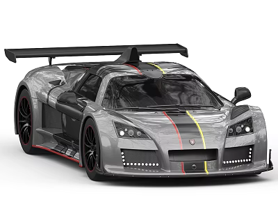Sleek Gray Performance Race Car with Large Rear Wing Red Yellow Stripes and Black Wheels 3d model
