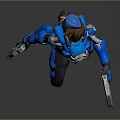Game Movie Character In Futuristic Blue Armor Holding Weapons In Dynamic Action Pose